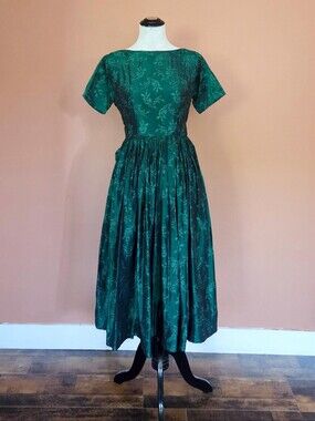 Vintage 1950s Forest Green Brocade Dress with Large Bow / Poppies and Plants